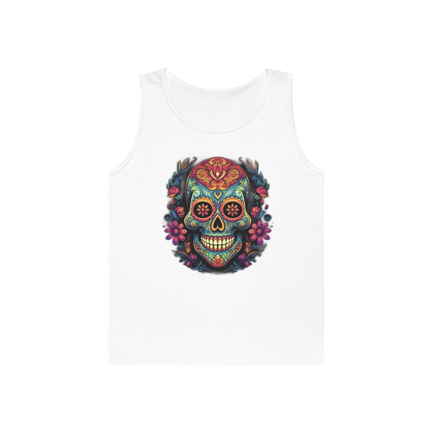 sugar skull and flowers colorful Unisex Heavy Cotton Tank Top