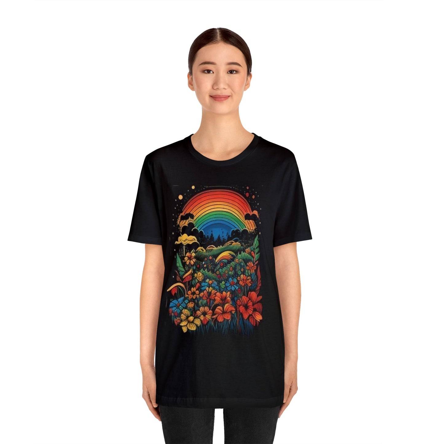 70's style rainbow and flowers colorful trippy Unisex Jersey Short Sleeve Tee