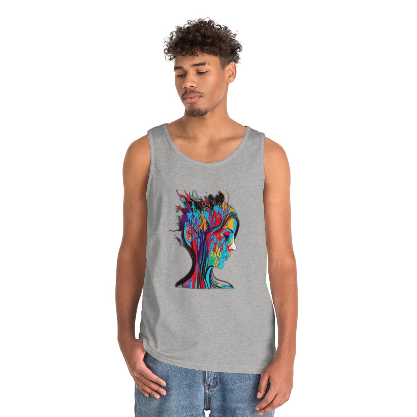 introspective colorful trippy sad face Unisex Heavy Cotton Tank Top