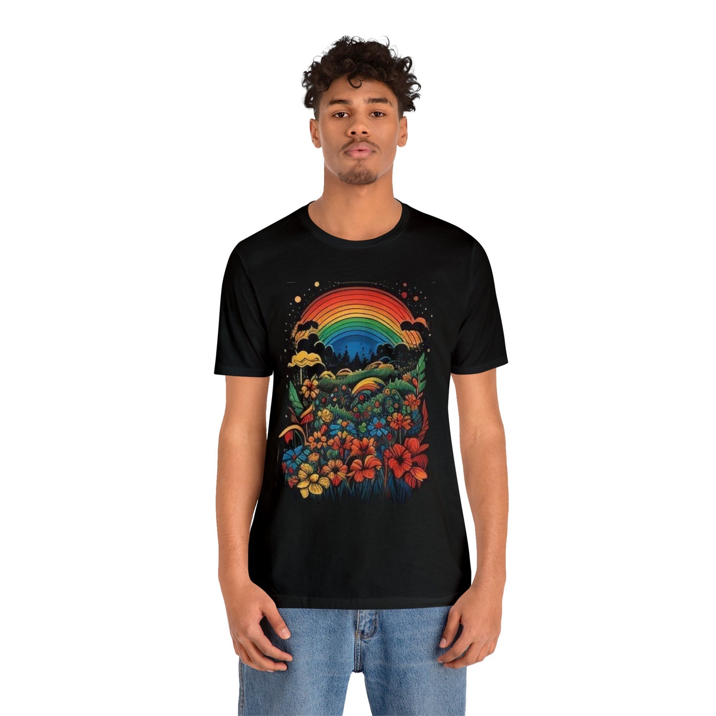 70's style rainbow and flowers colorful trippy Unisex Jersey Short Sleeve Tee