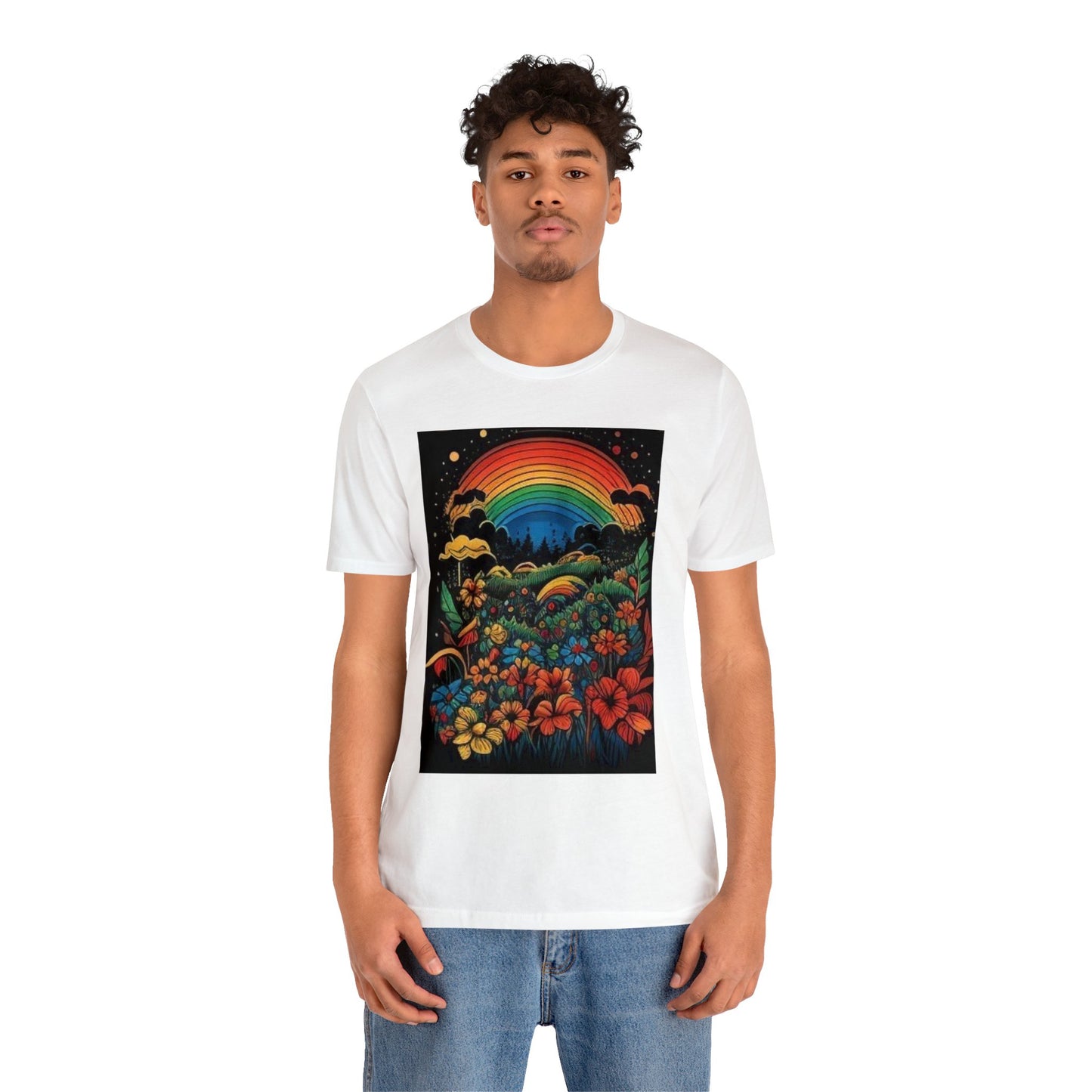 70's style rainbow and flowers colorful trippy Unisex Jersey Short Sleeve Tee