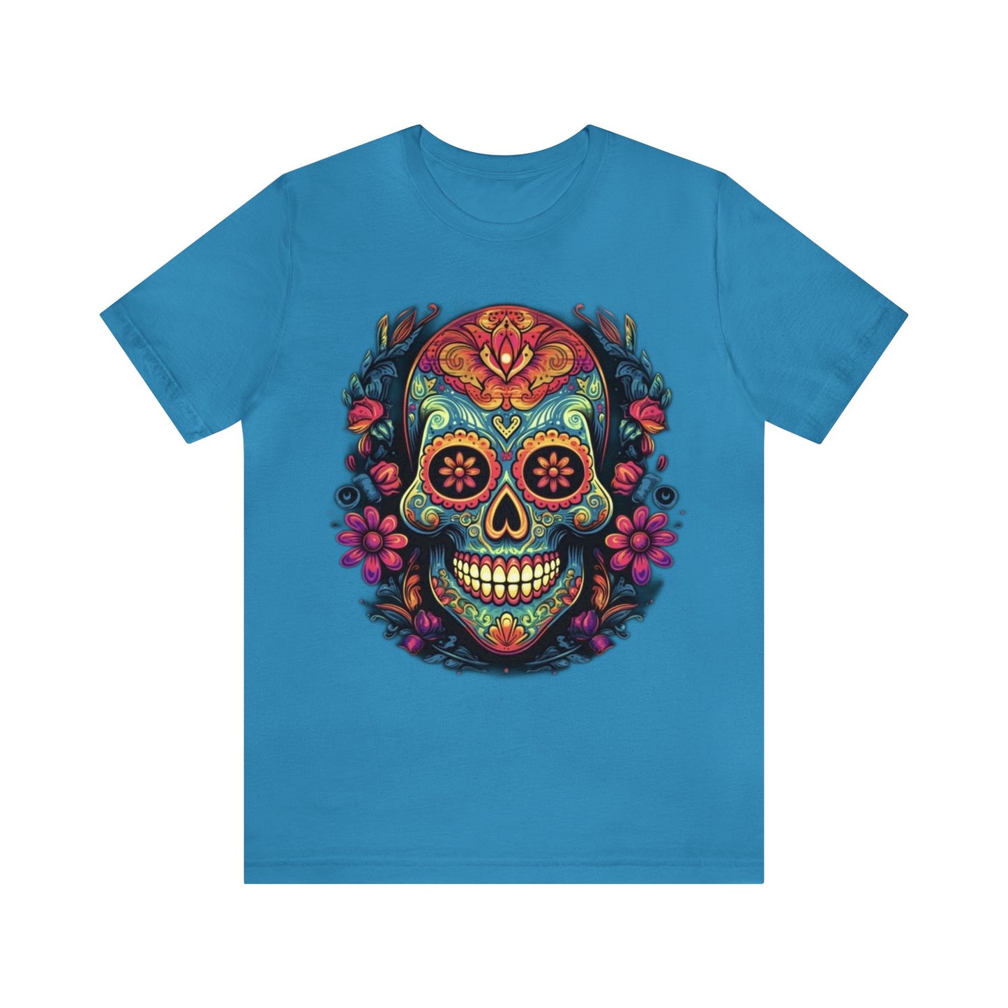 sugar skull and flowers colorful Unisex Jersey Short Sleeve Tee