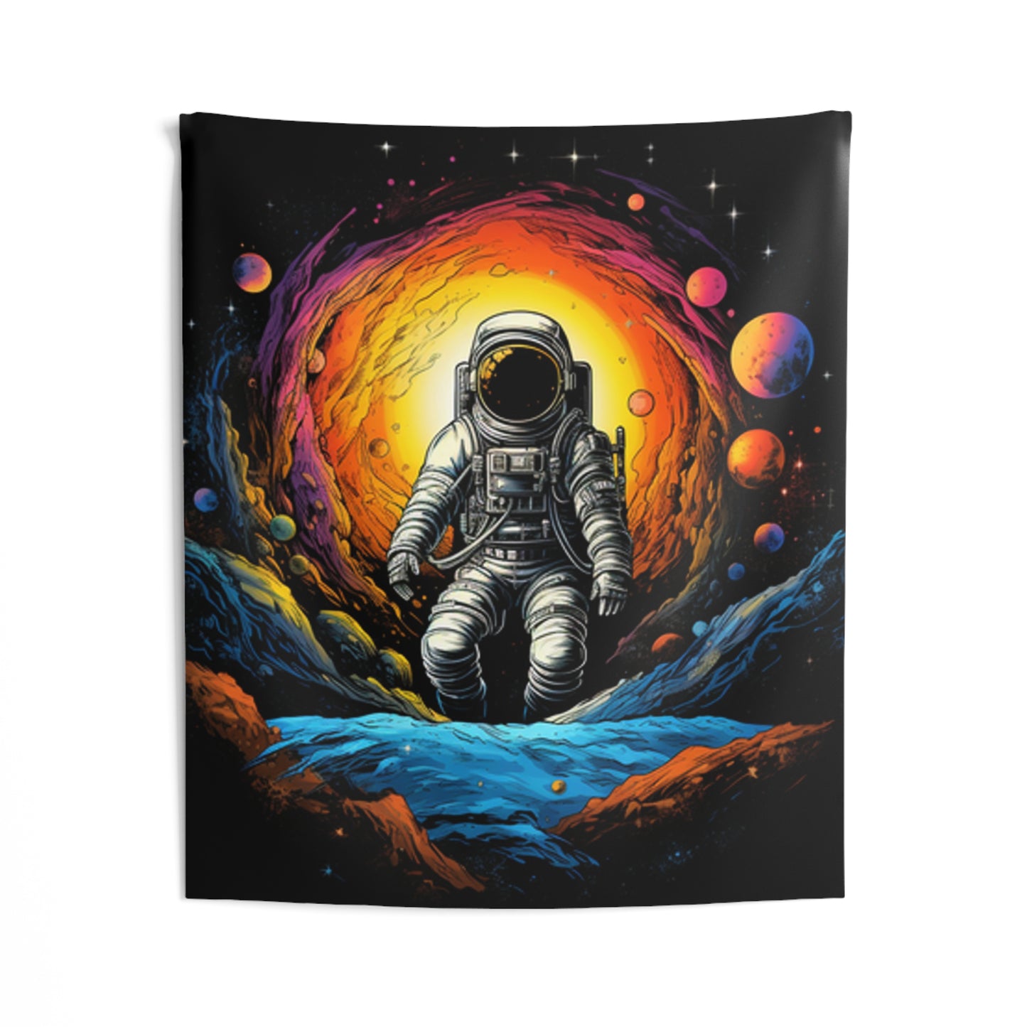 astronaut floating in space trippy colorful Indoor Wall Tapestries