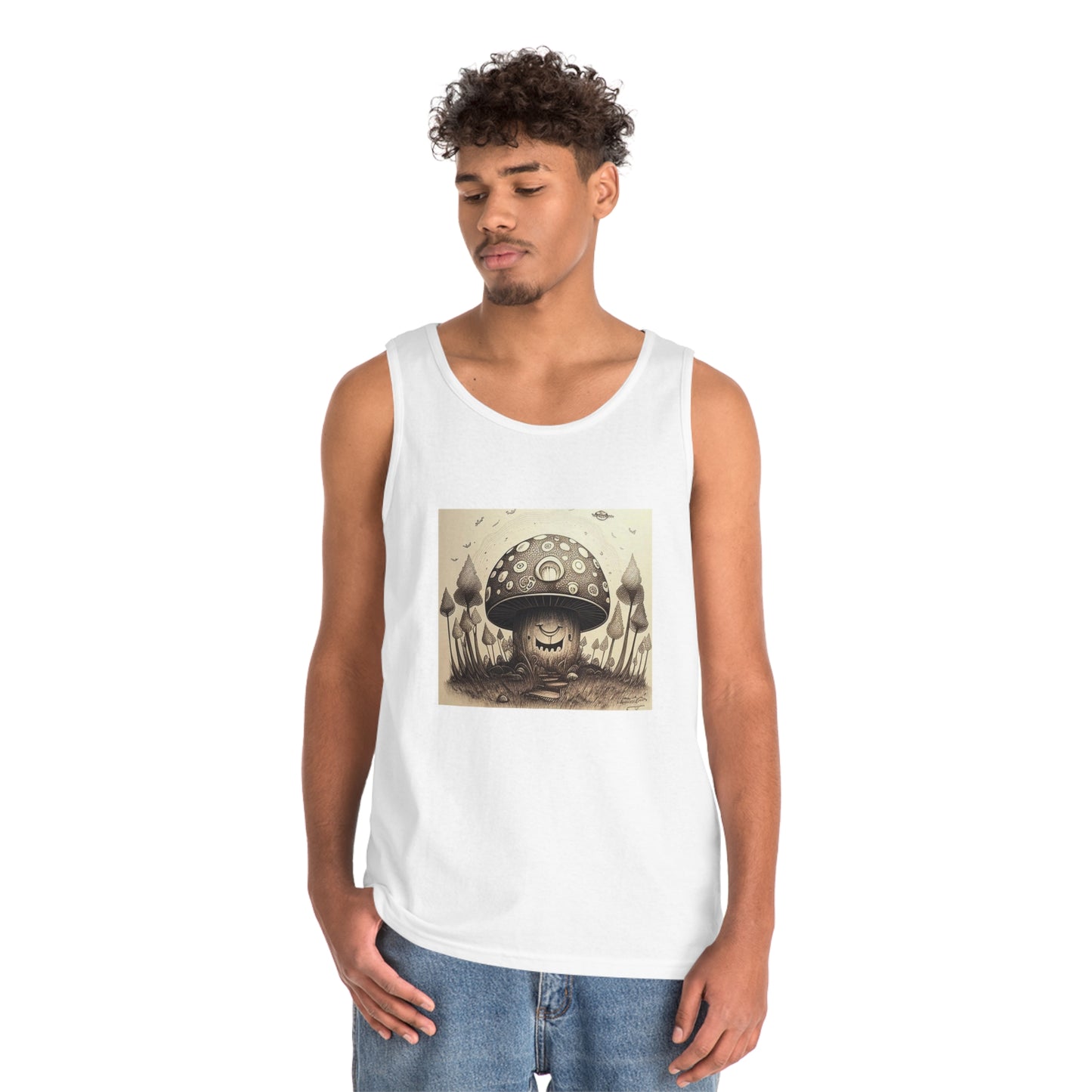 smiling blurry black and white mushroom trippy Unisex Heavy Cotton Tank Top