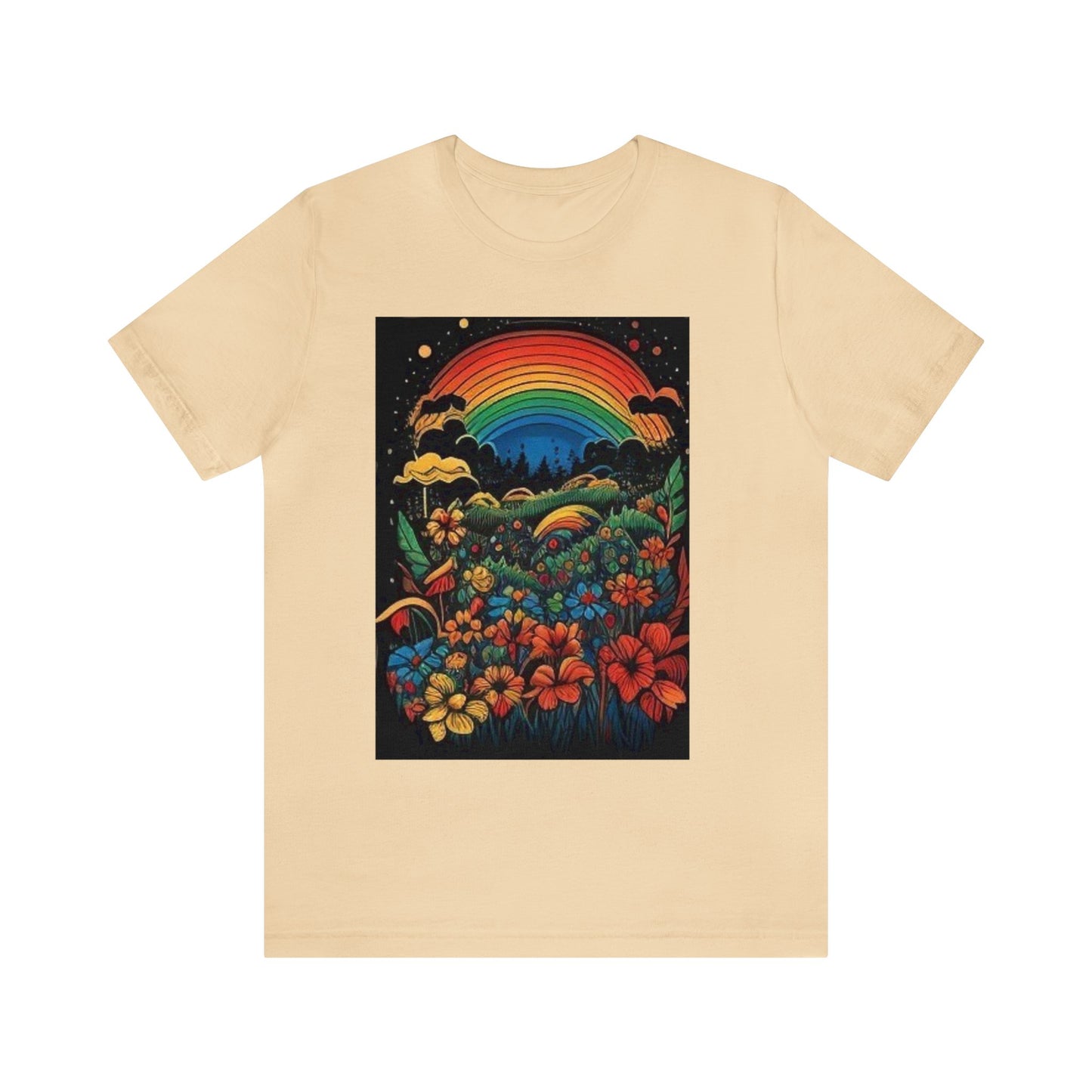 70's style rainbow and flowers colorful trippy Unisex Jersey Short Sleeve Tee