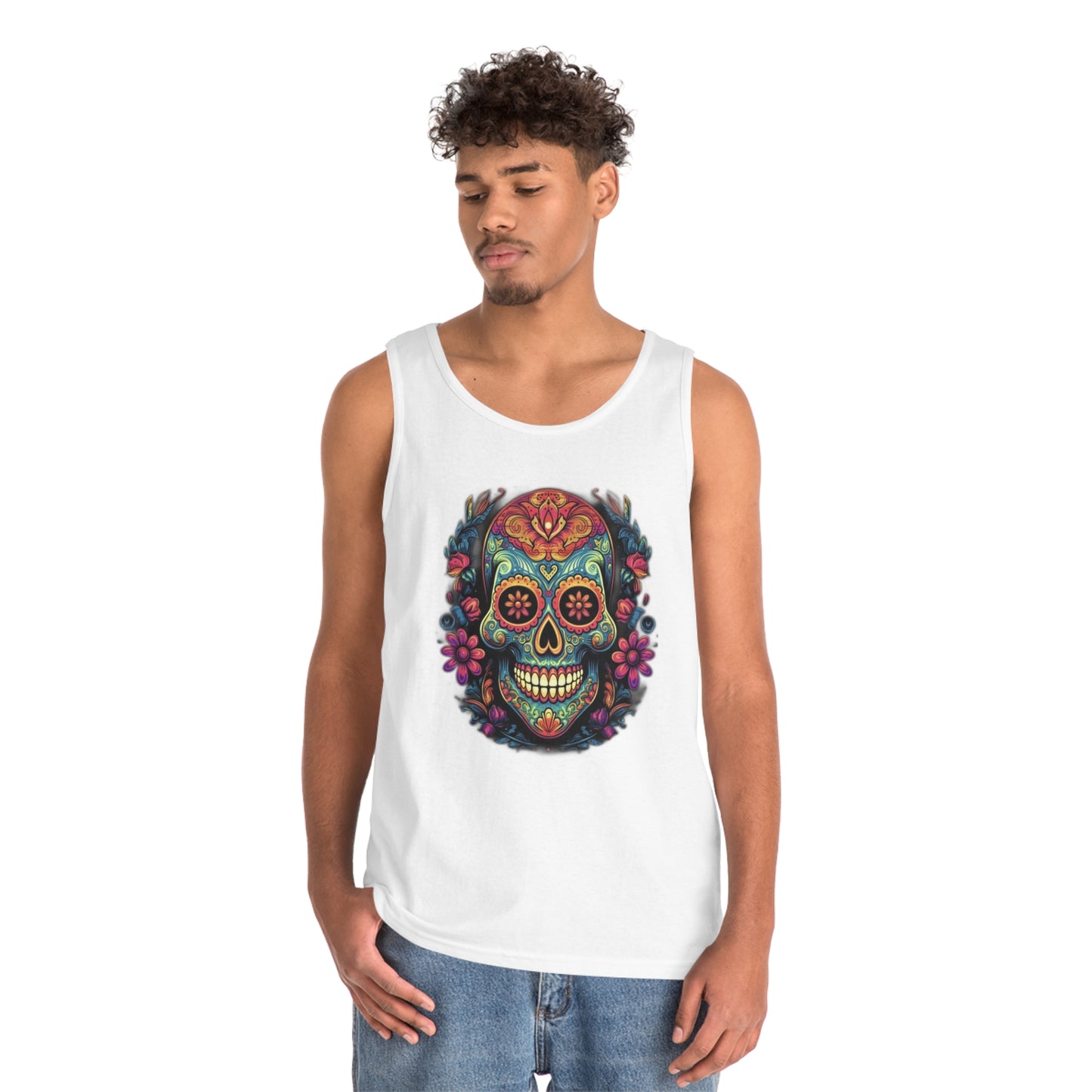 sugar skull and flowers colorful Unisex Heavy Cotton Tank Top