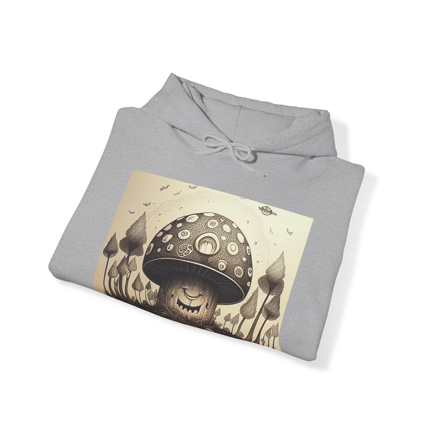 smiling blurry black and white mushroom trippy Unisex Heavy Blend™ Hooded Sweatshirt