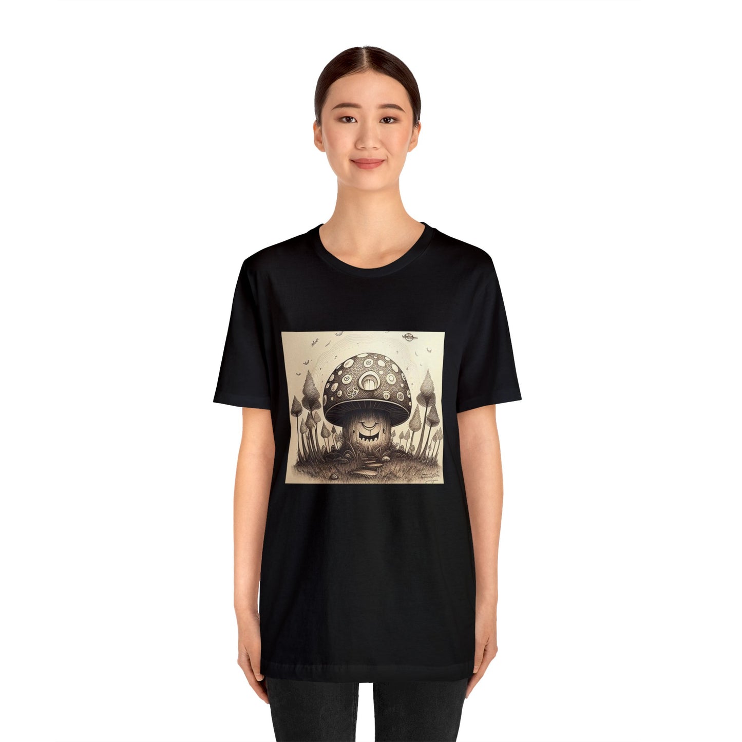 smiling blurry black and white mushroom trippy Unisex Jersey Short Sleeve Tee