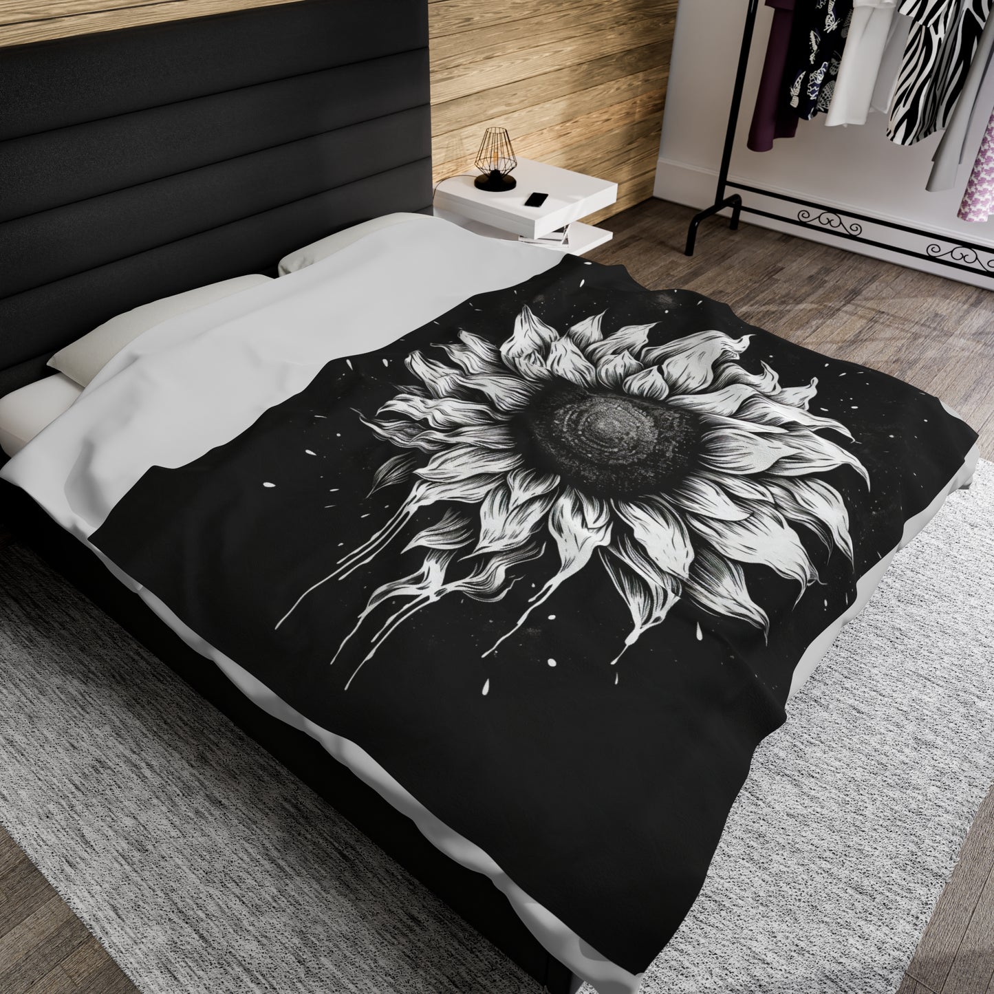 black and white sunflower Velveteen Plush Blanket