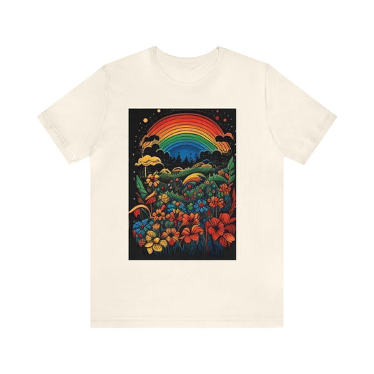 70's style rainbow and flowers colorful trippy Unisex Jersey Short Sleeve Tee