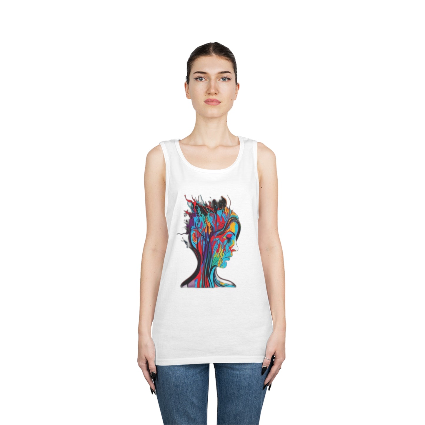 introspective colorful trippy sad face Unisex Heavy Cotton Tank Top