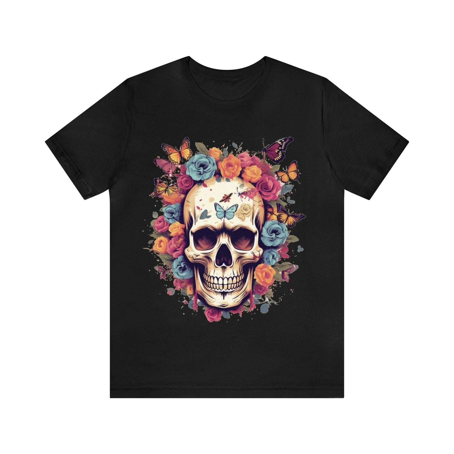 skull butterflies roses colorful Unisex Jersey Short Sleeve Tee