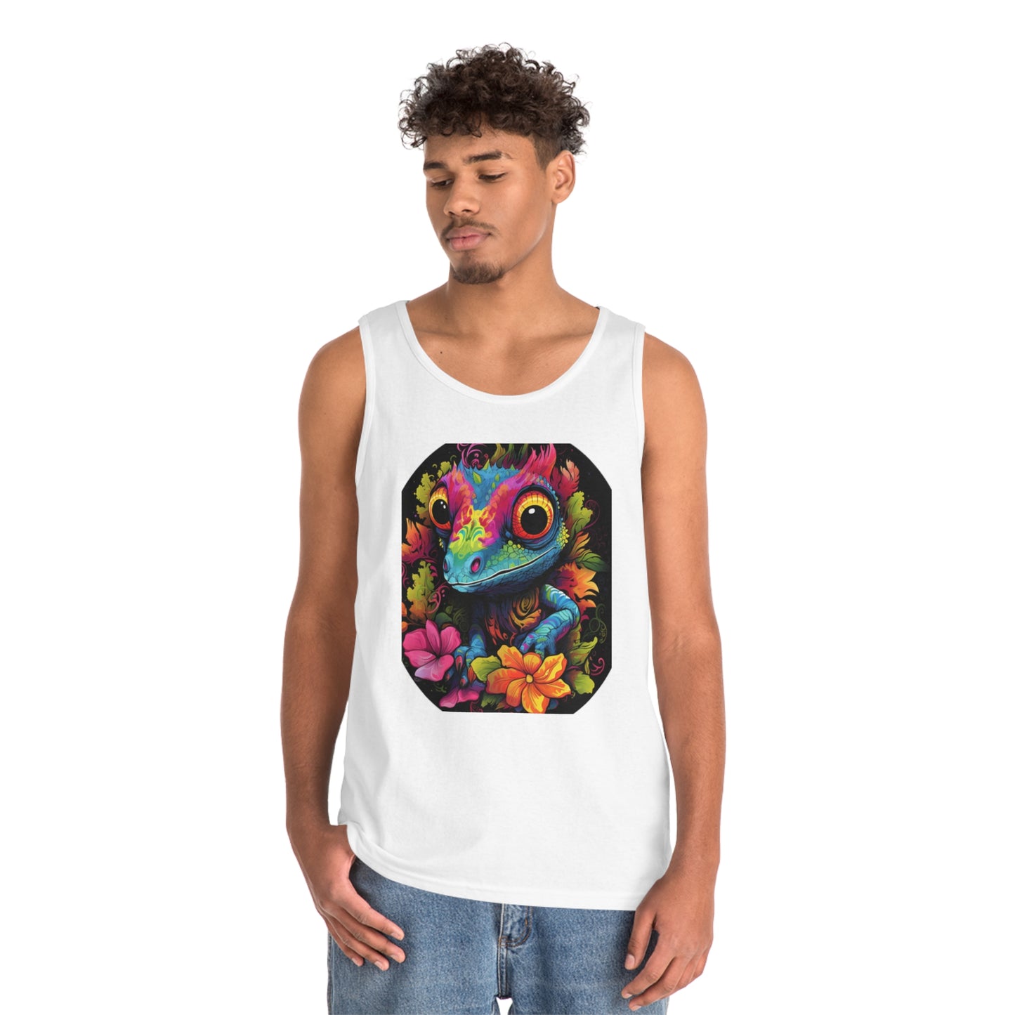 colorful cute gecko flowers Unisex Heavy Cotton Tank Top