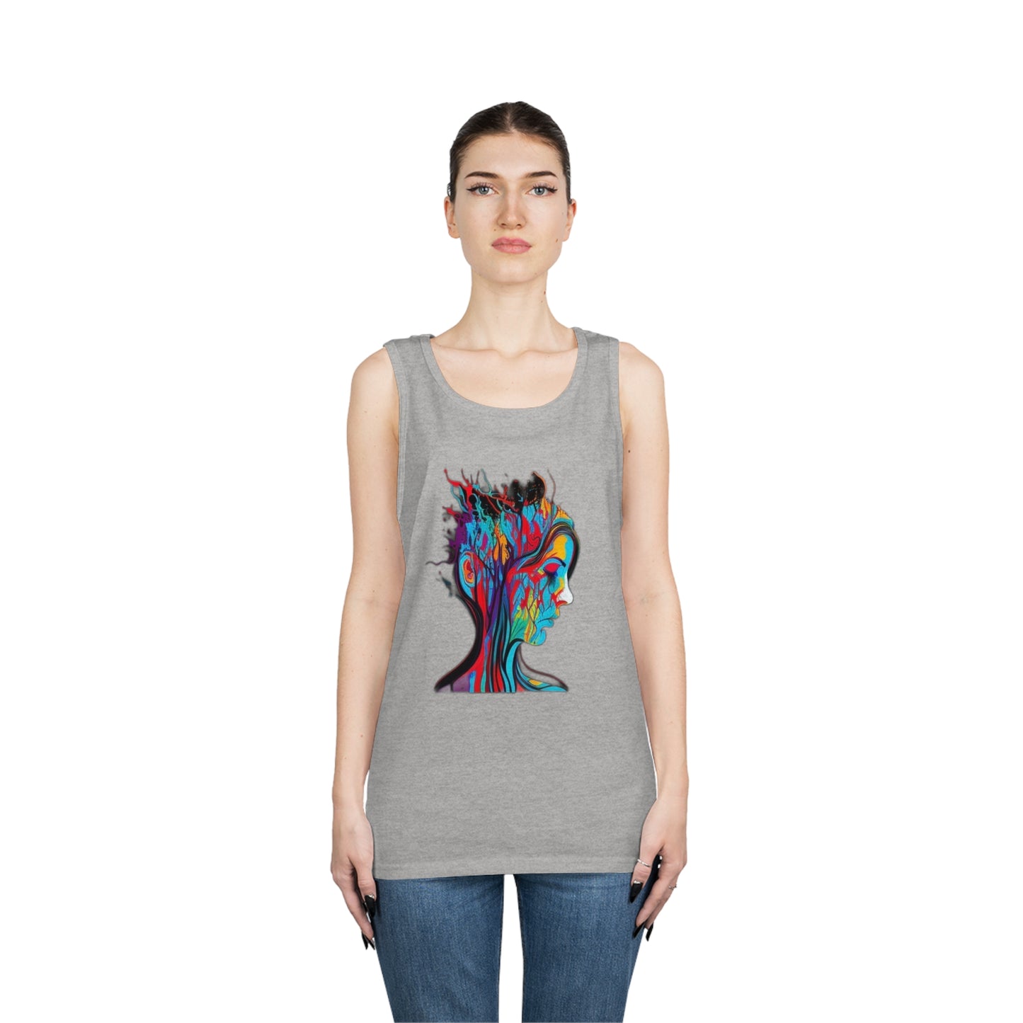 introspective colorful trippy sad face Unisex Heavy Cotton Tank Top