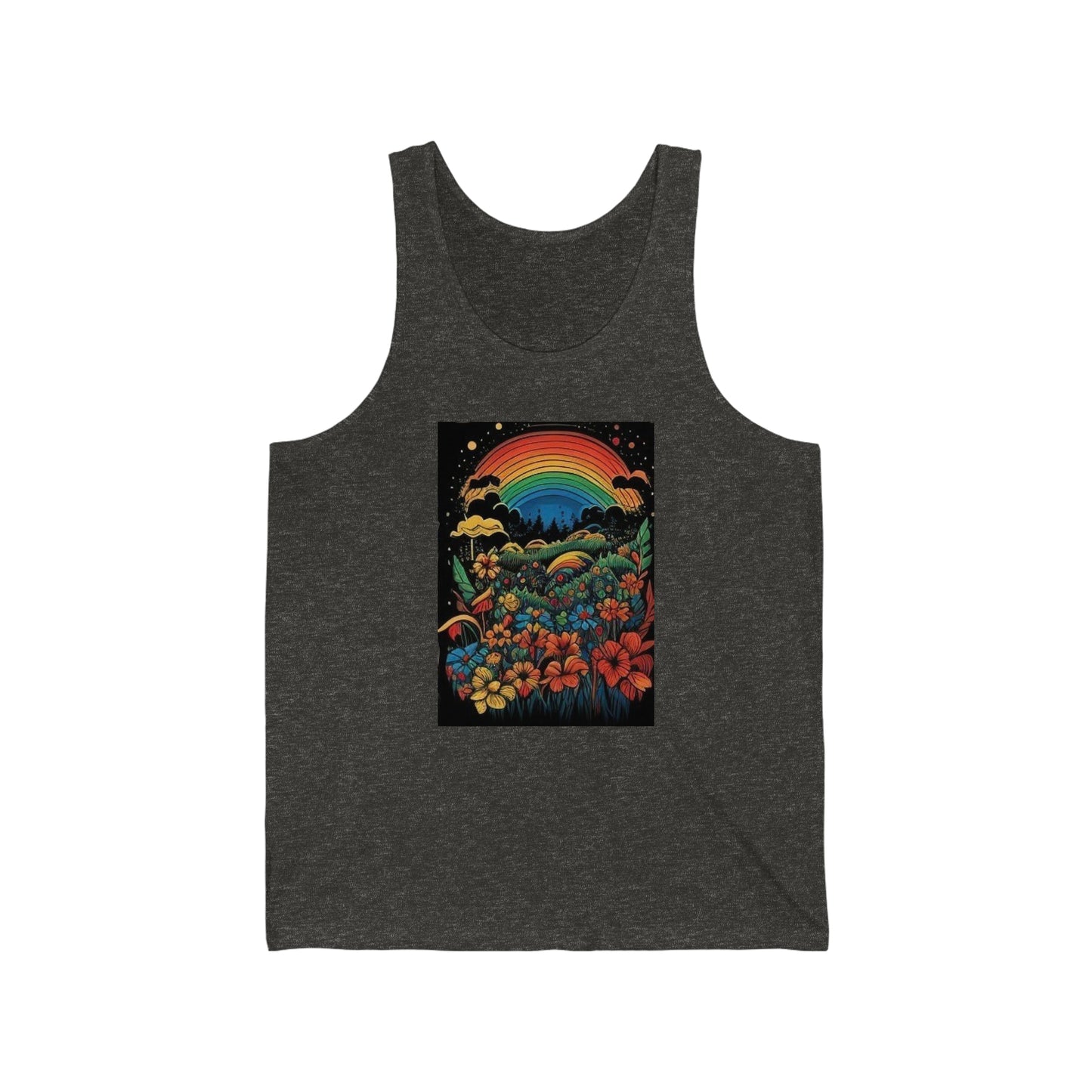 70's style rainbow and flowers colorful trippy Unisex Jersey Tank