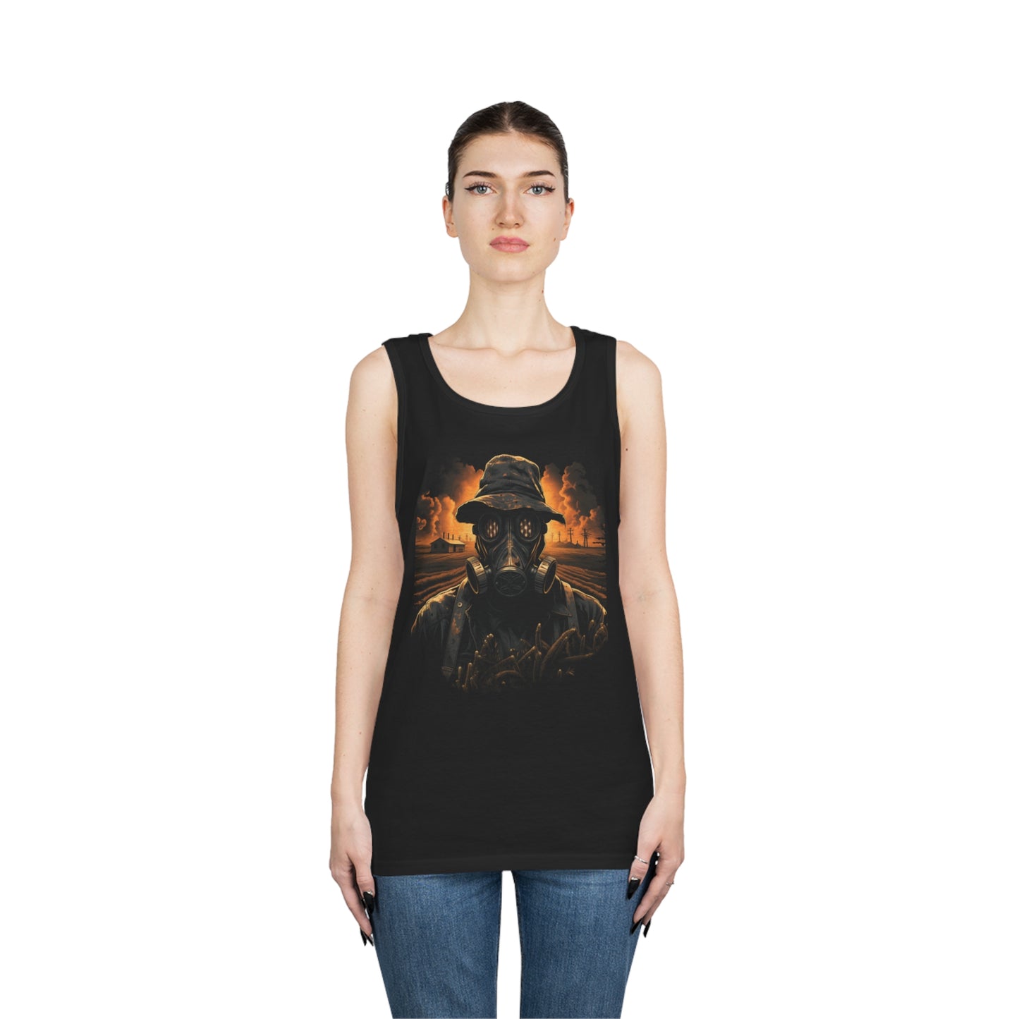 gas mask apocalyptic farmer  Unisex Heavy Cotton Tank Top