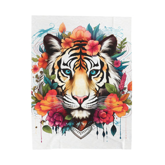 tiger flowers colorful Velveteen Plush Blanket