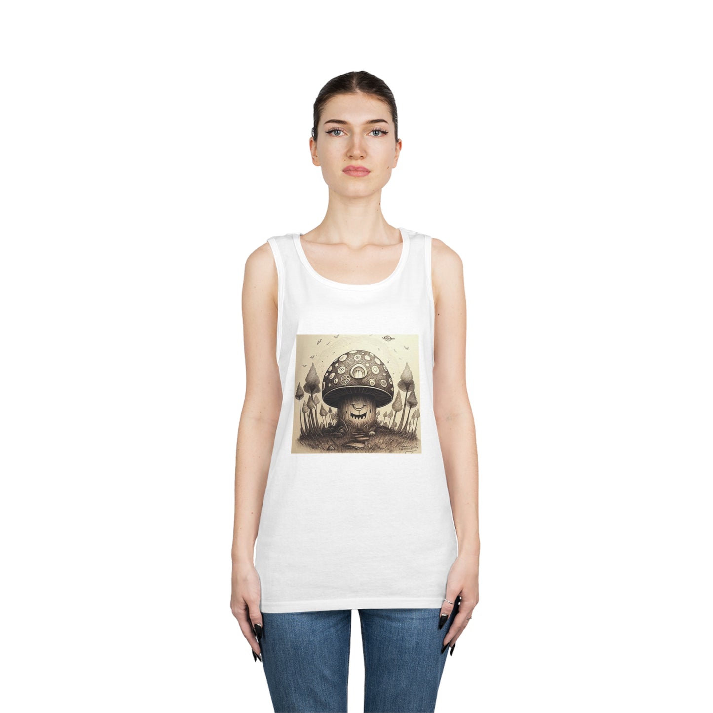 smiling blurry black and white mushroom trippy Unisex Heavy Cotton Tank Top