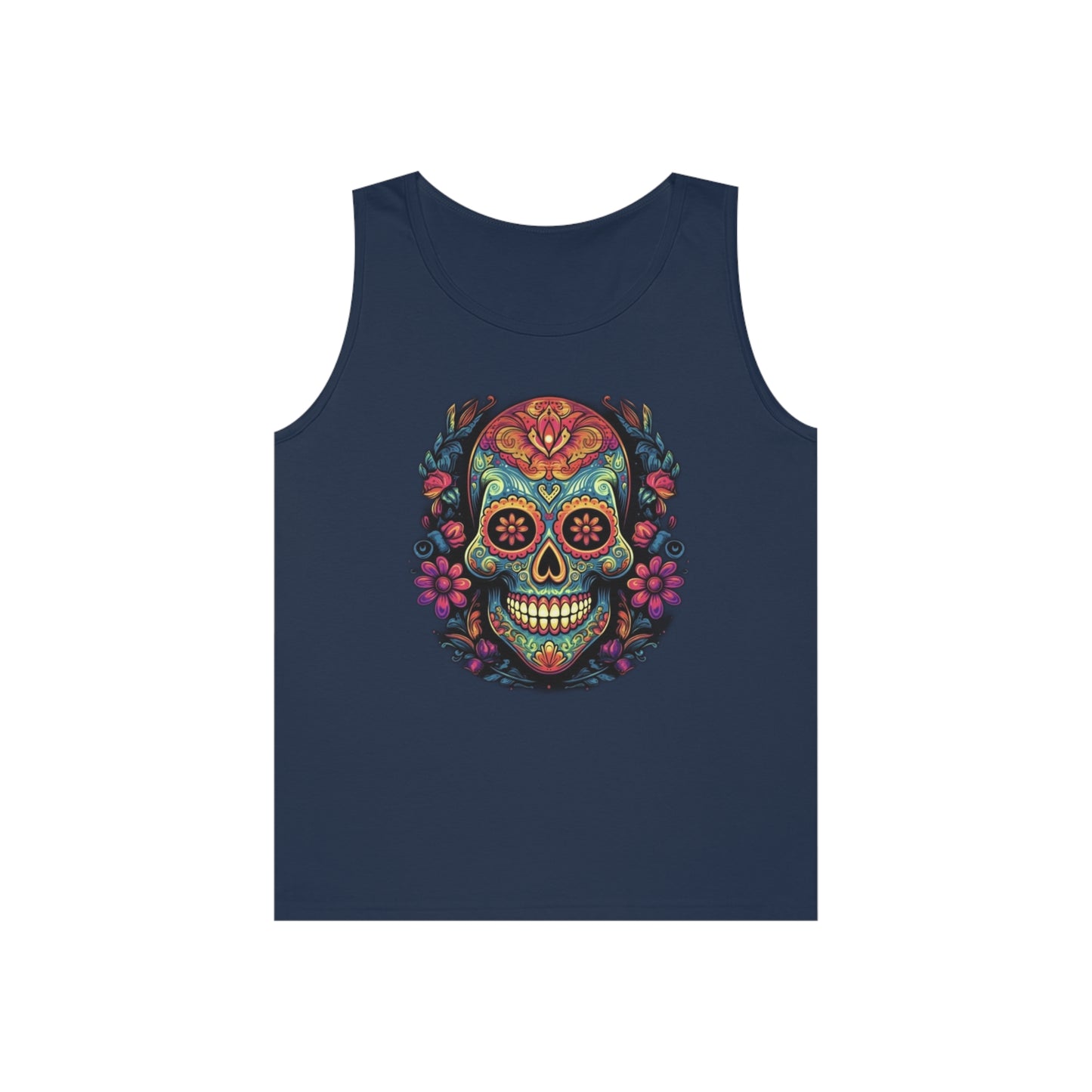 sugar skull and flowers colorful Unisex Heavy Cotton Tank Top