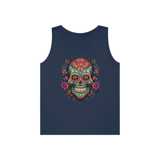 sugar skull and flowers colorful Unisex Heavy Cotton Tank Top