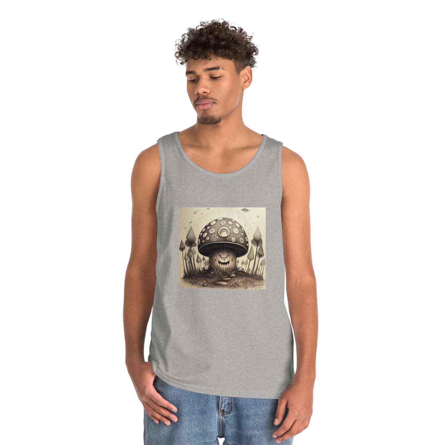 smiling blurry black and white mushroom trippy Unisex Heavy Cotton Tank Top