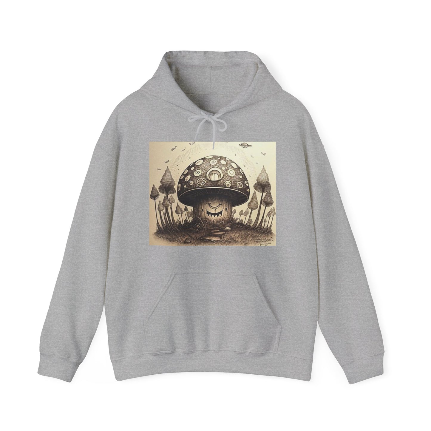 smiling blurry black and white mushroom trippy Unisex Heavy Blend™ Hooded Sweatshirt