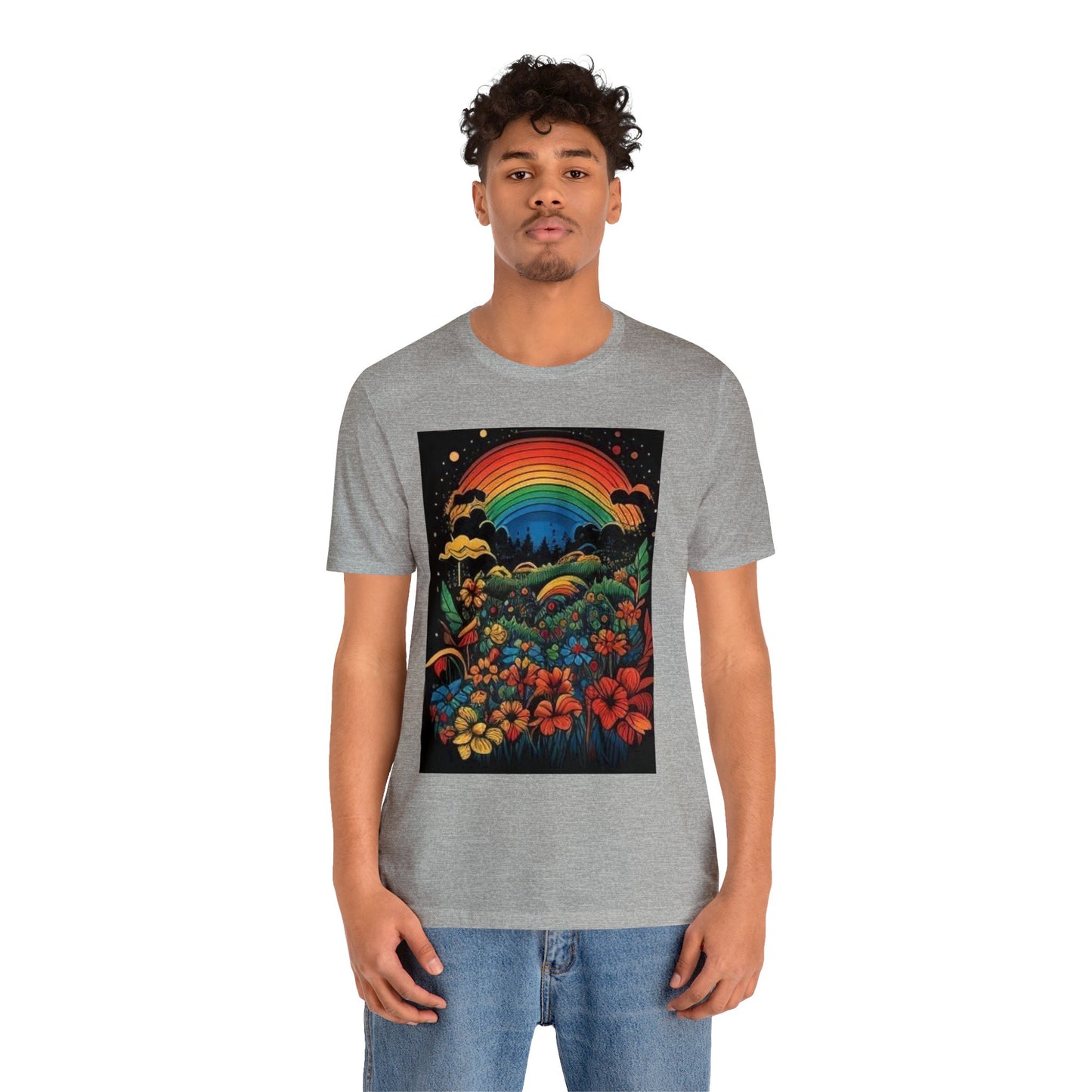 70's style rainbow and flowers colorful trippy Unisex Jersey Short Sleeve Tee