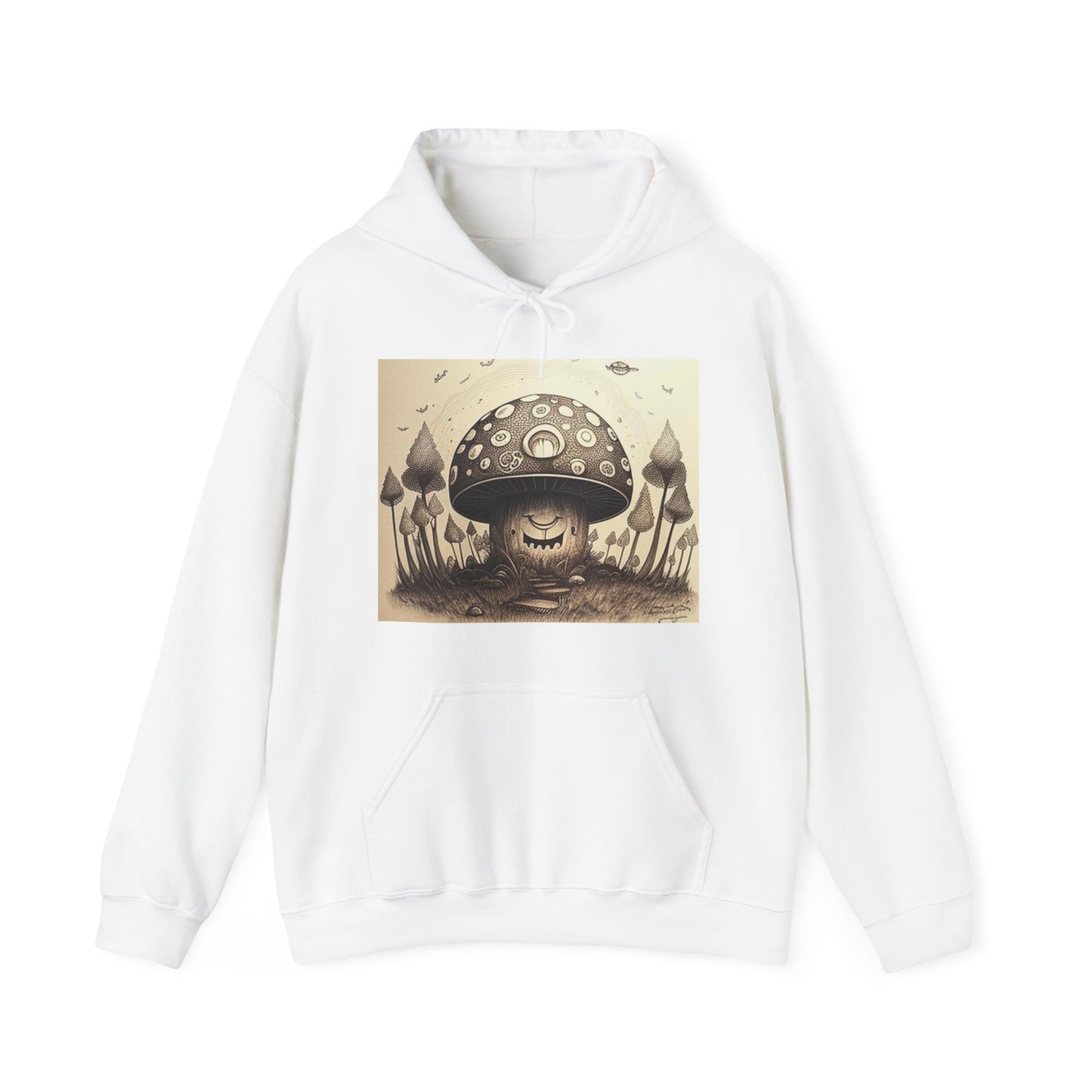 smiling blurry black and white mushroom trippy Unisex Heavy Blend™ Hooded Sweatshirt