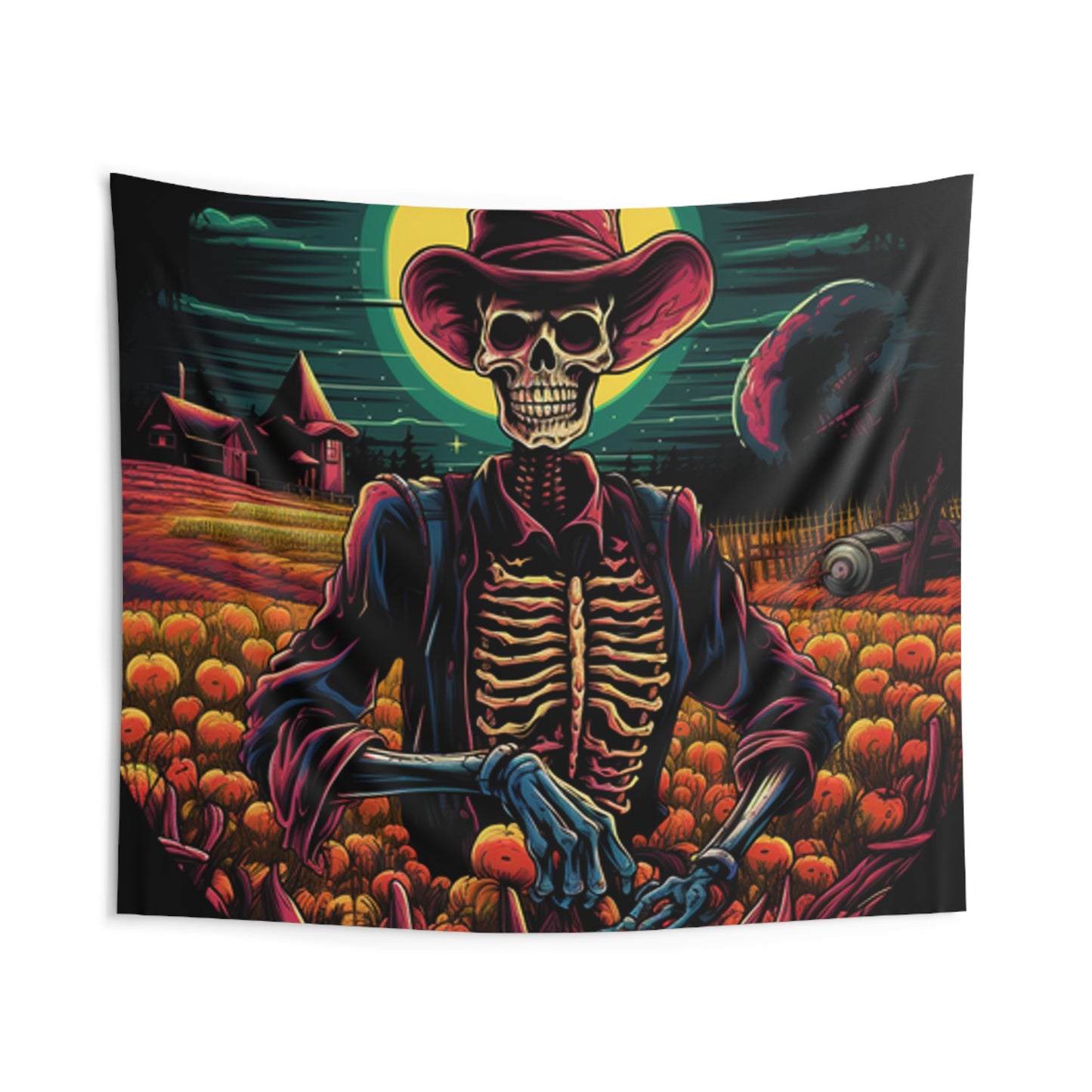 cowboy farmer skeleton pumpkin patch Indoor Wall Tapestries