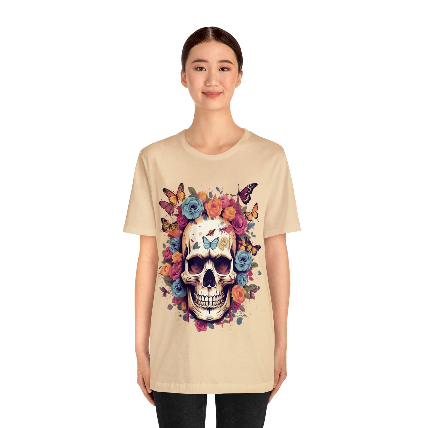 skull butterflies roses colorful Unisex Jersey Short Sleeve Tee