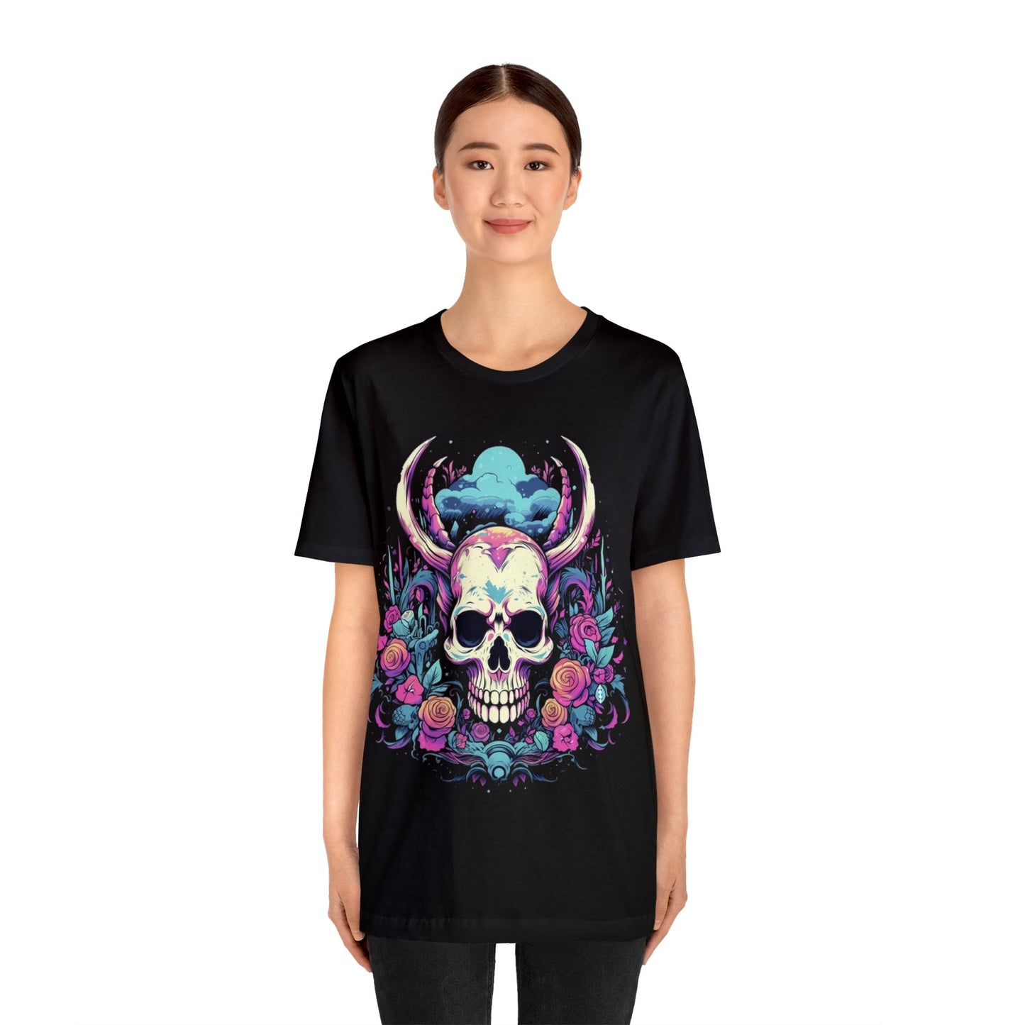 skull with horns colorful trippy Unisex Jersey Short Sleeve Tee