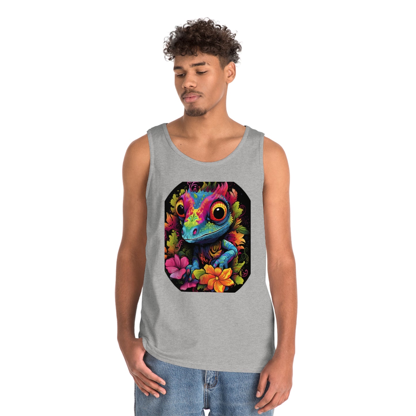 colorful cute gecko flowers Unisex Heavy Cotton Tank Top