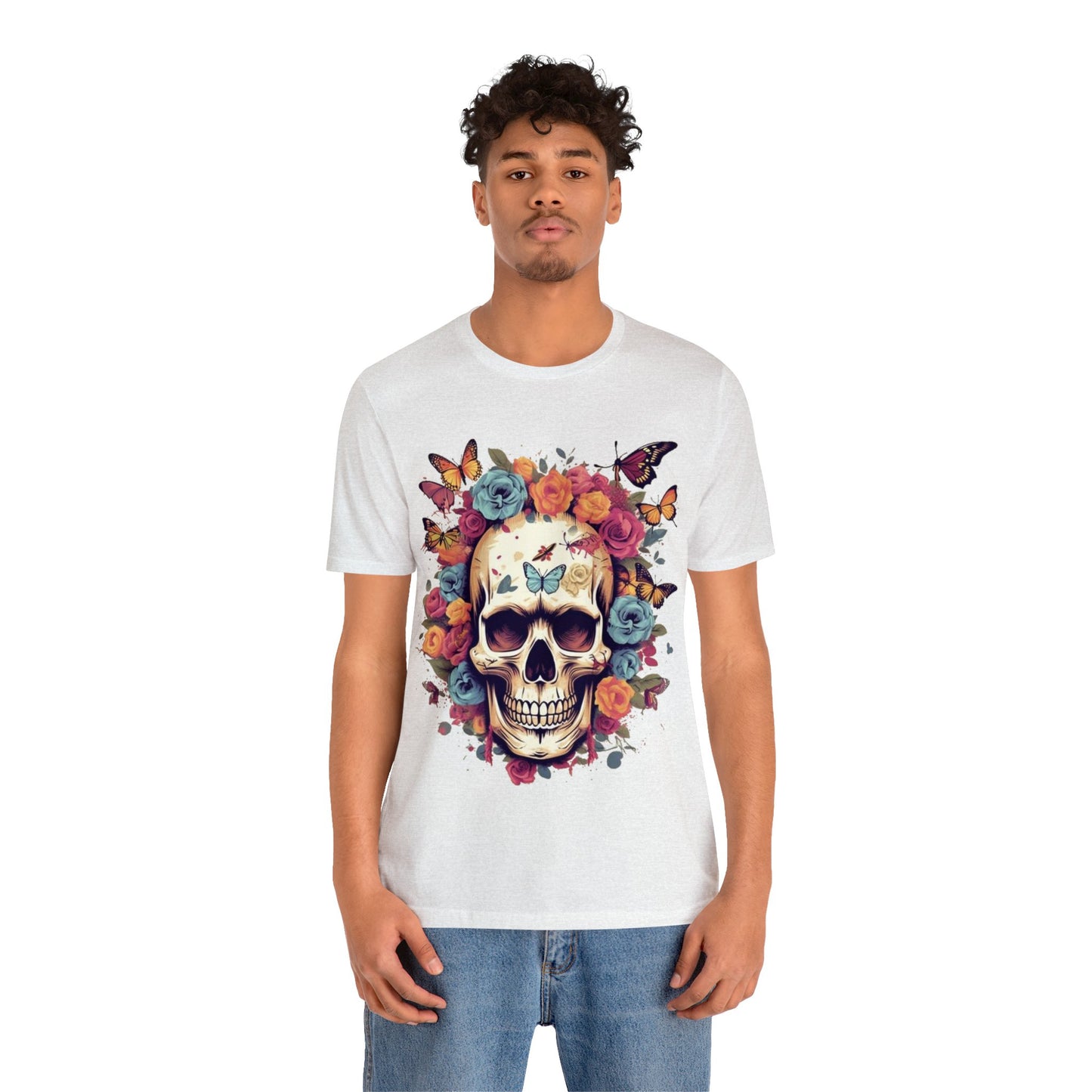 skull butterflies roses colorful Unisex Jersey Short Sleeve Tee