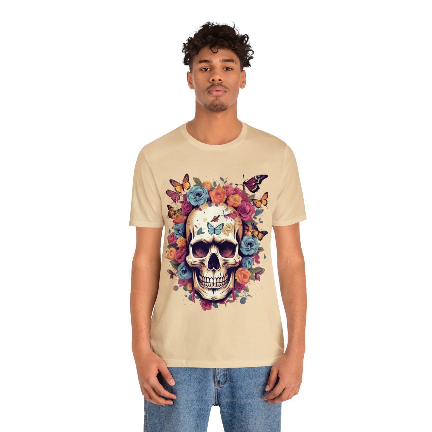 skull butterflies roses colorful Unisex Jersey Short Sleeve Tee