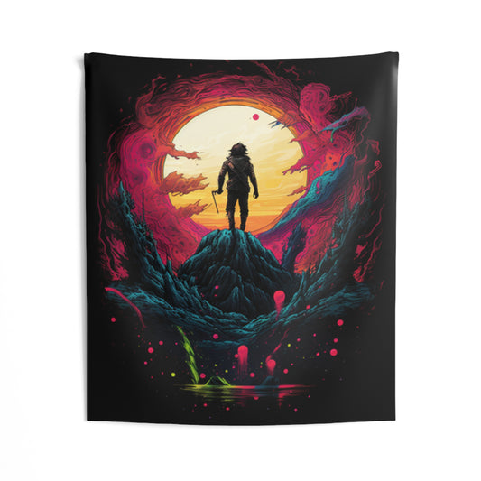 Samuri on mountain trippy colorful  Indoor Wall Tapestries