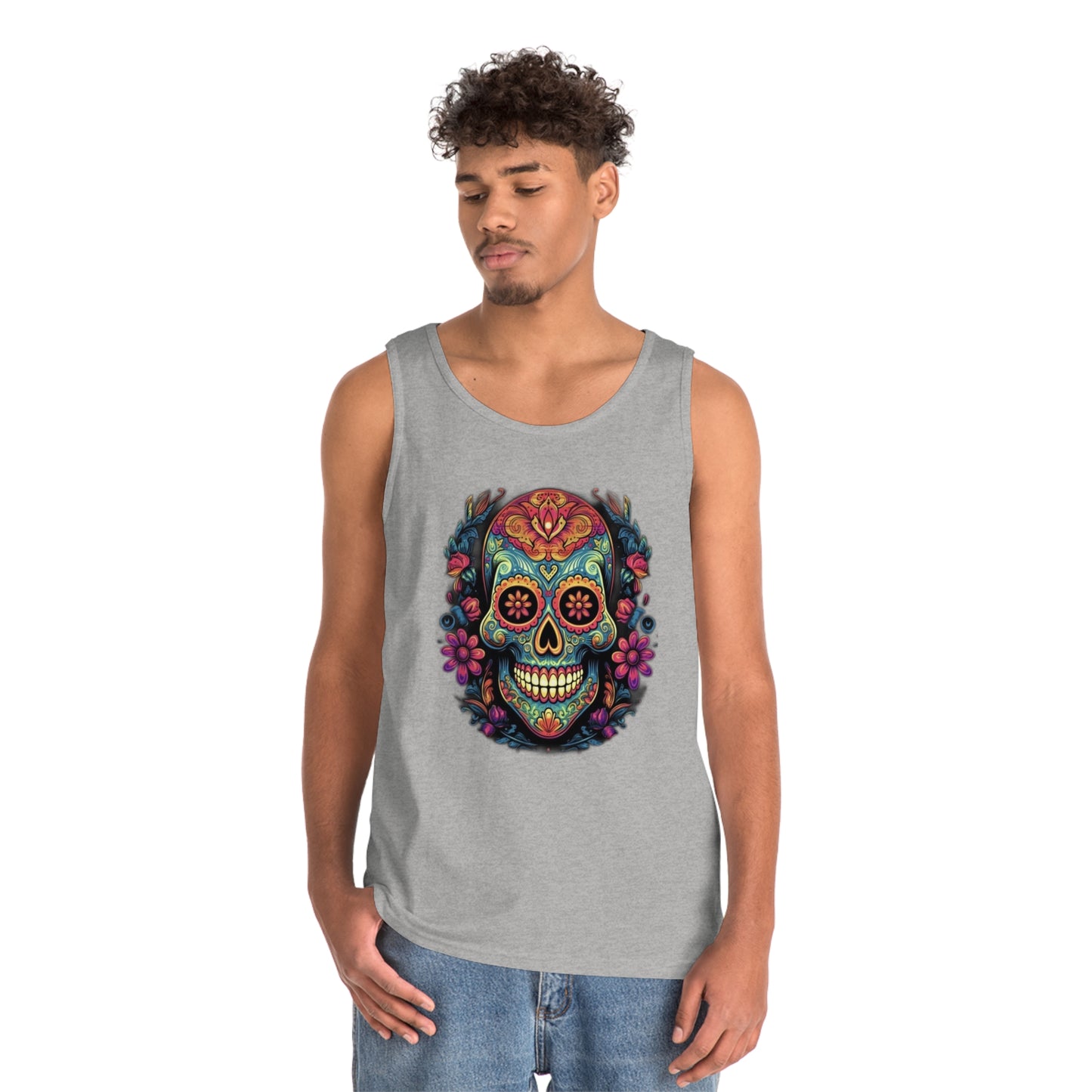 sugar skull and flowers colorful Unisex Heavy Cotton Tank Top