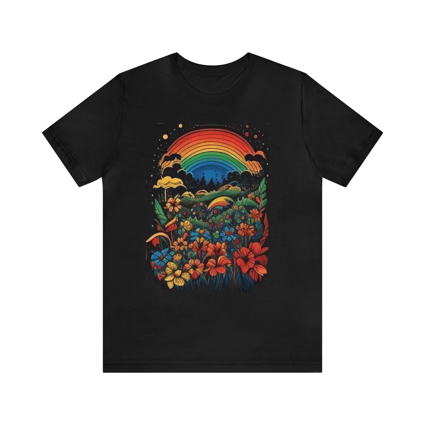 70's style rainbow and flowers colorful trippy Unisex Jersey Short Sleeve Tee