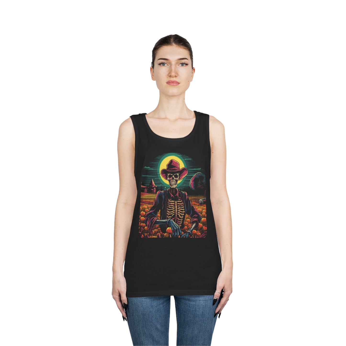 cowboy farmer skeleton pumpkin patch Unisex Heavy Cotton Tank Top