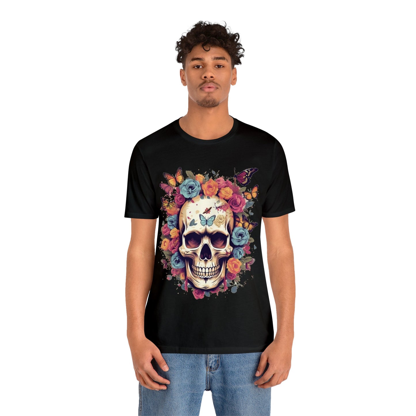 skull butterflies roses colorful Unisex Jersey Short Sleeve Tee