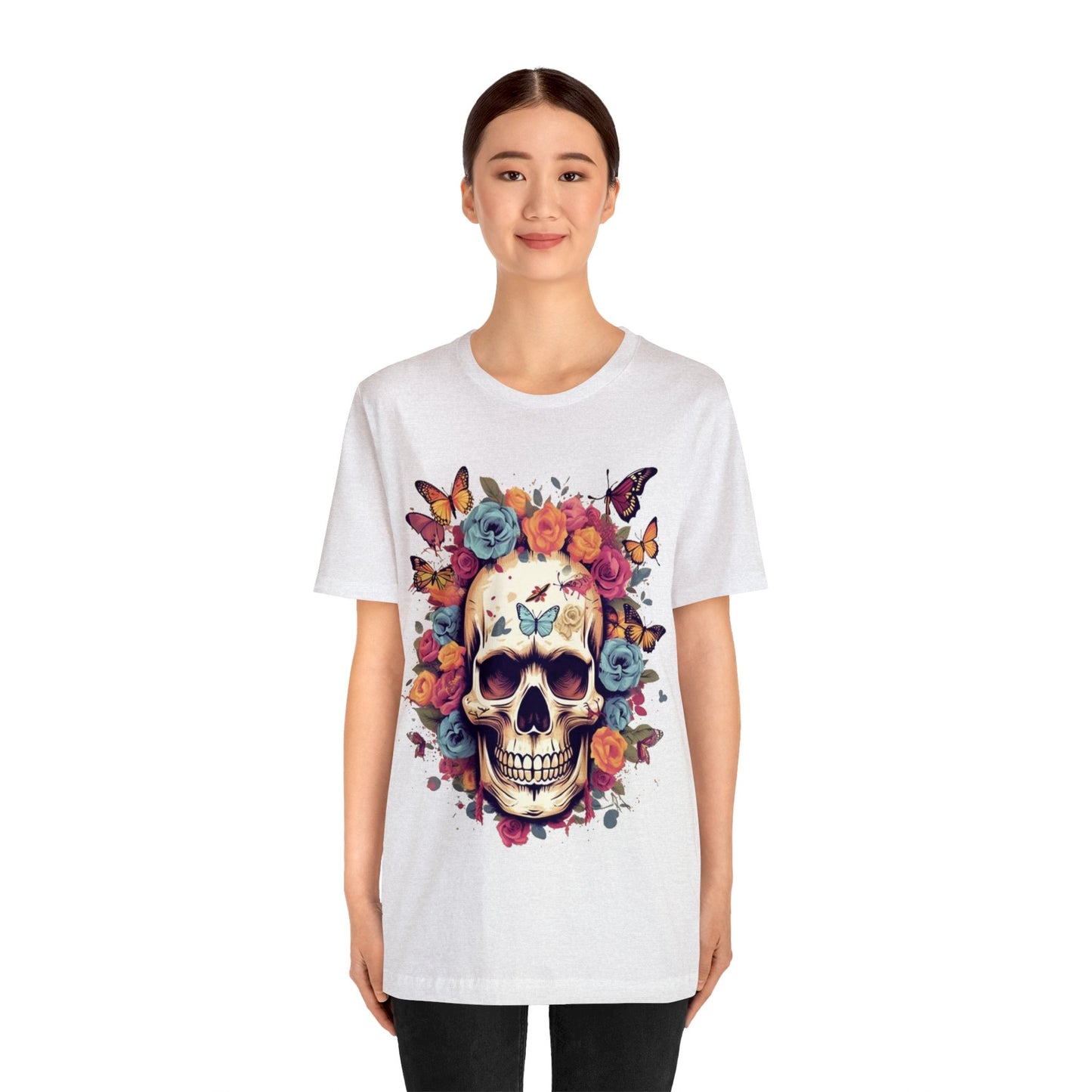 skull butterflies roses colorful Unisex Jersey Short Sleeve Tee