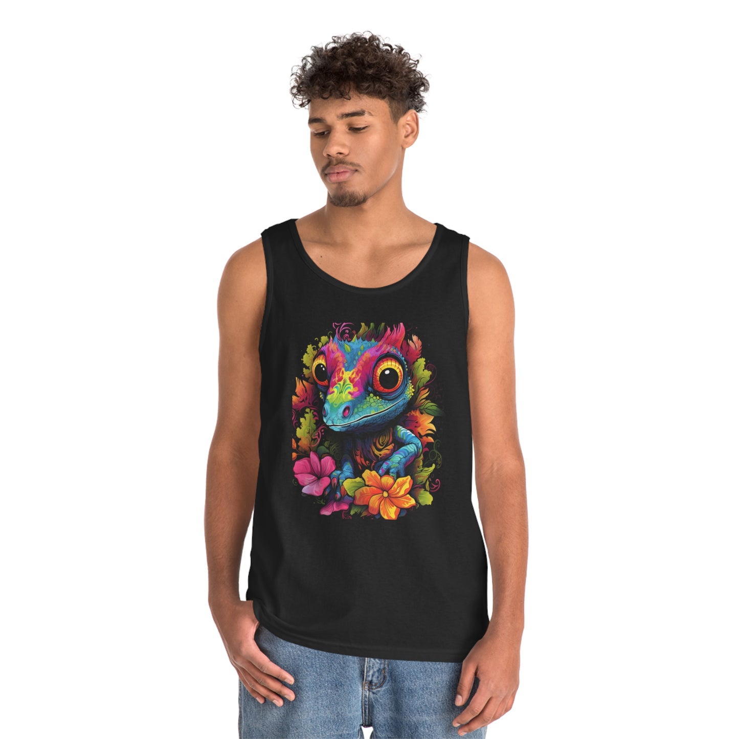 colorful cute gecko flowers Unisex Heavy Cotton Tank Top