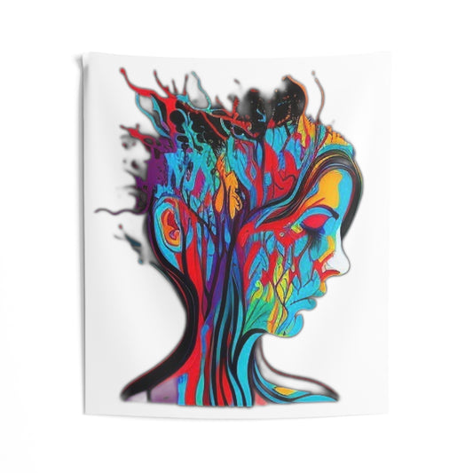 introspective colorful trippy sad face Indoor Wall Tapestries