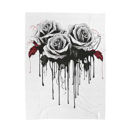 black and white melting roses Velveteen Plush Blanket