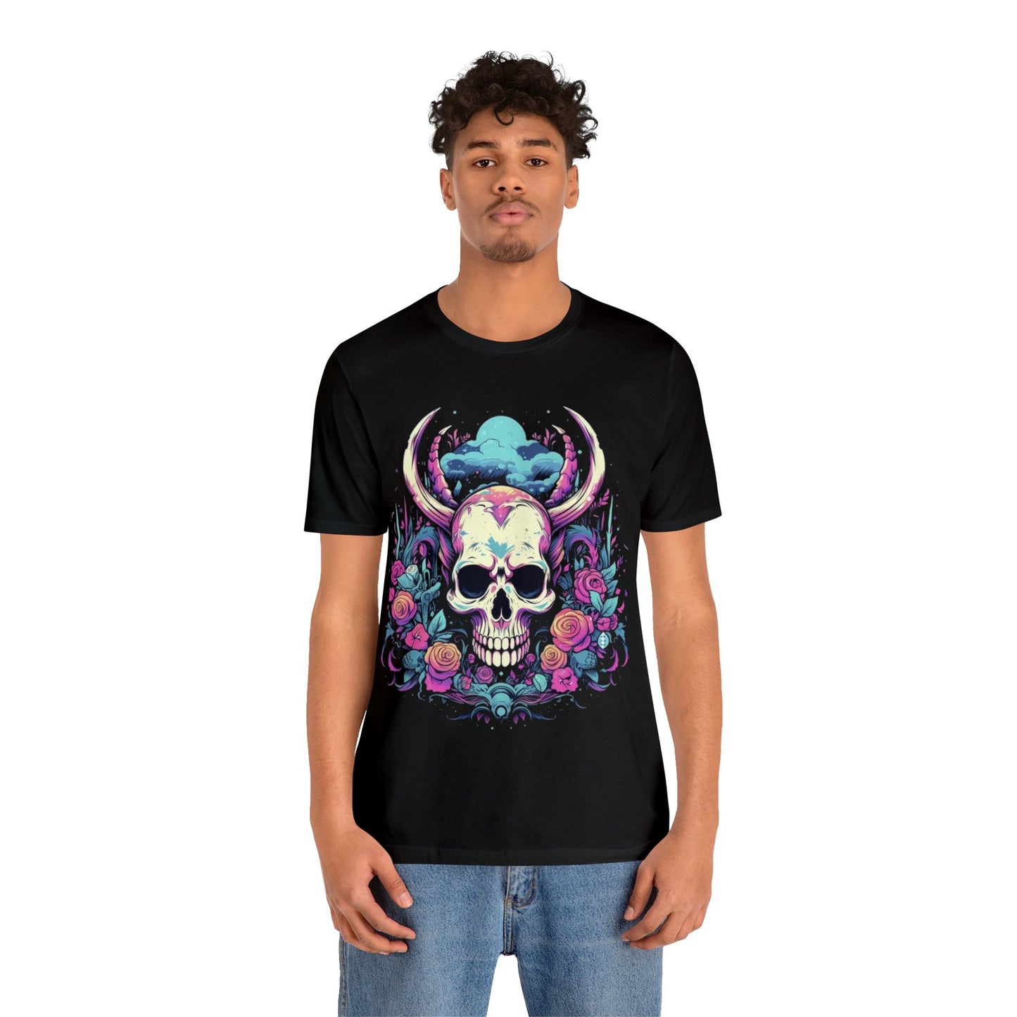 skull with horns colorful trippy Unisex Jersey Short Sleeve Tee