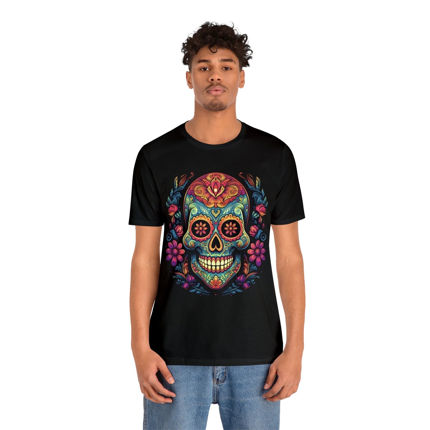 sugar skull and flowers colorful Unisex Jersey Short Sleeve Tee