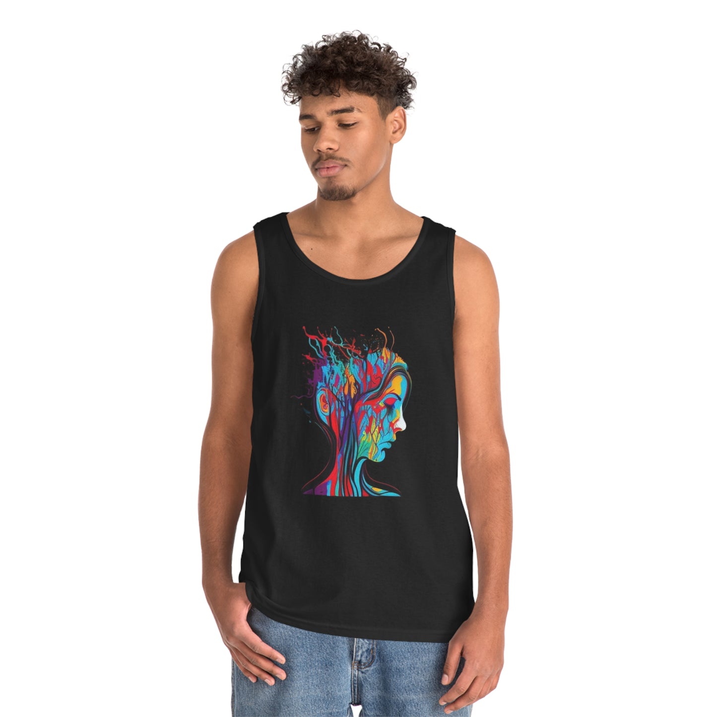 introspective colorful trippy sad face Unisex Heavy Cotton Tank Top