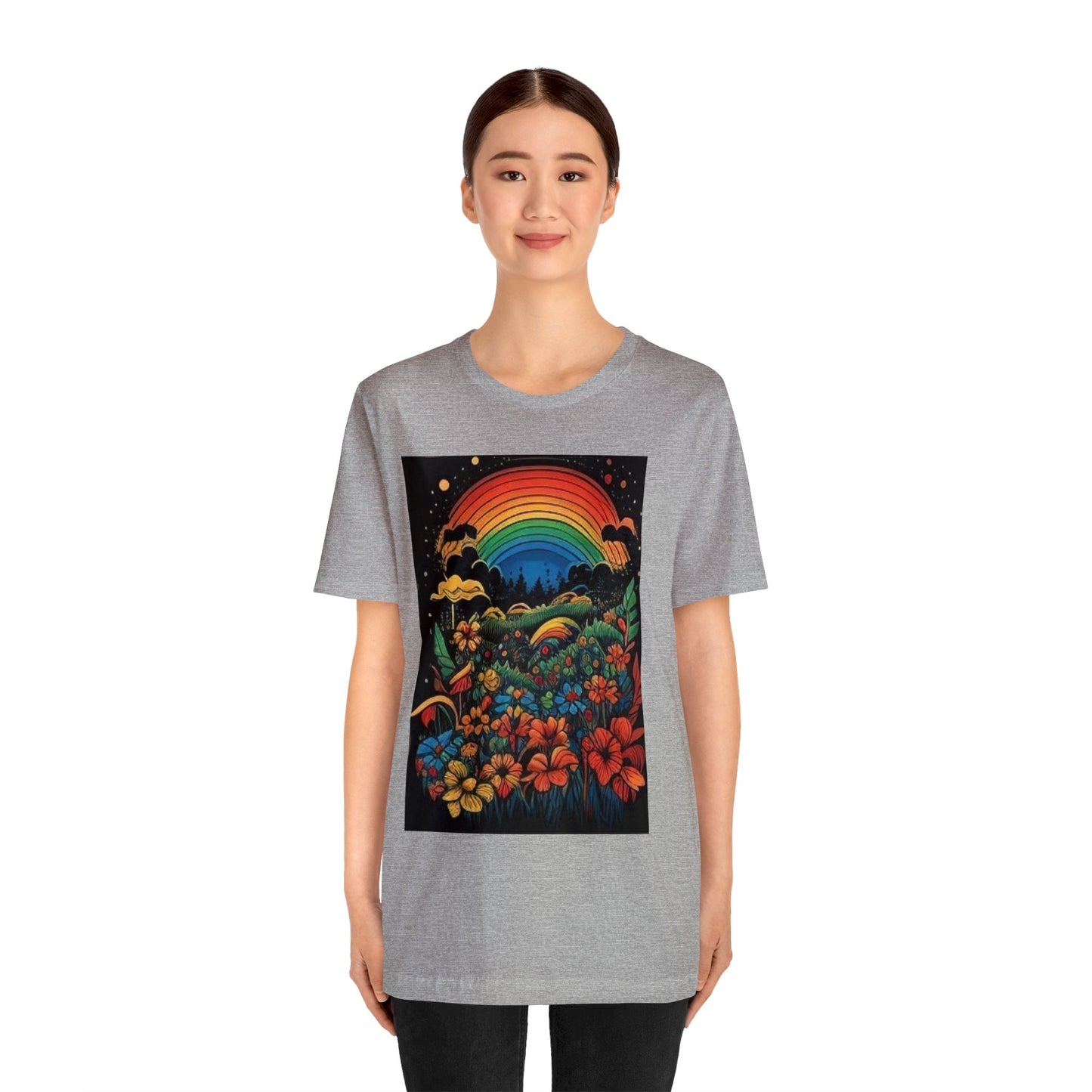 70's style rainbow and flowers colorful trippy Unisex Jersey Short Sleeve Tee