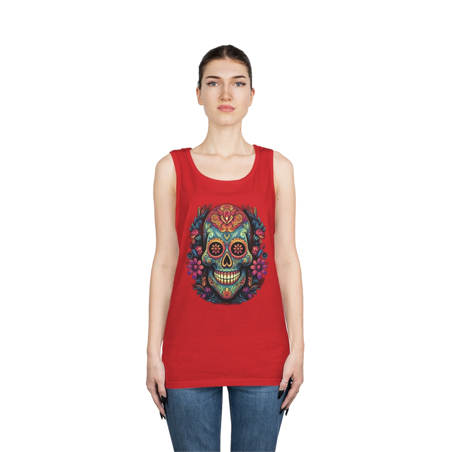 sugar skull and flowers colorful Unisex Heavy Cotton Tank Top