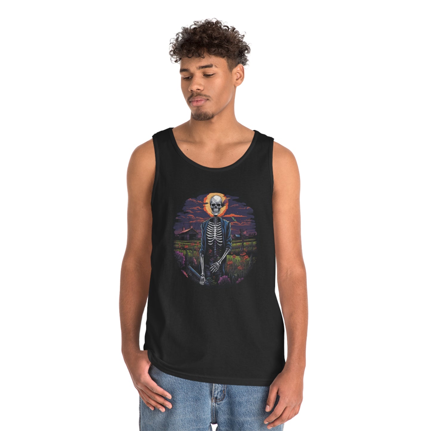 farmer skeleton skull colorful flowers Unisex Heavy Cotton Tank Top