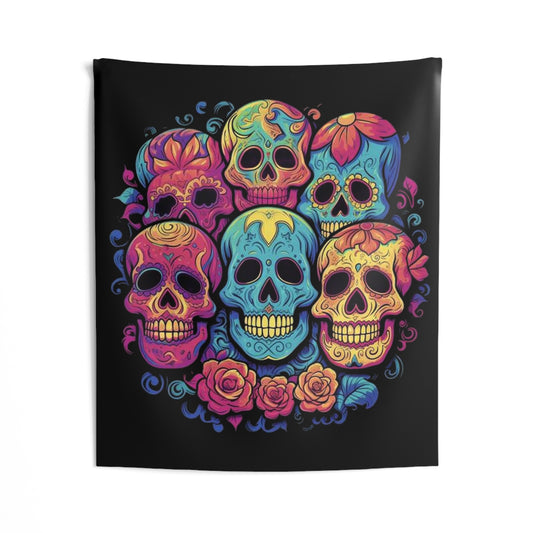 smiling sugar skulls trippy colorful Indoor Wall Tapestries